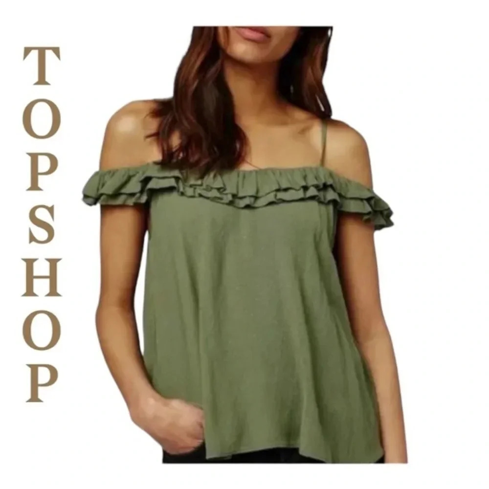 Top Shop Florence Ruffle Off the Shoulder top Olive Green‎